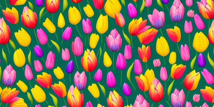 Vibrant spring-themed background featuring a variety of colorful tulips arranged in a visually appealing pattern. Panorama