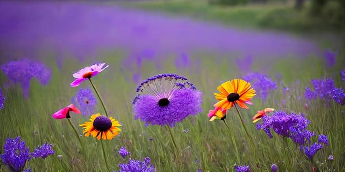 Whimsical and enchanting background using a blend of wildflowers such as dandelions, lavender, and poppies. Panorama