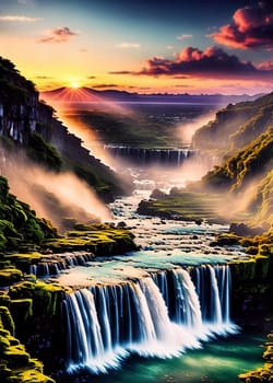 Fantasy beautiful landscape with waterfall at sunset