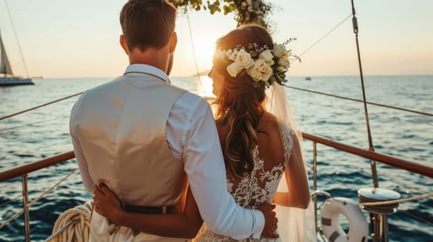 Happy bride and groom hugging on a yacht. Wedding AI