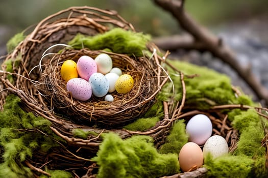 Eggcellent Easter Nest. A nest crafted from twigs, moss, and feathers, adorned with speckled eggs of different sizes and hues, set against a natural background to showcase the intricate beauty of nature's creations.