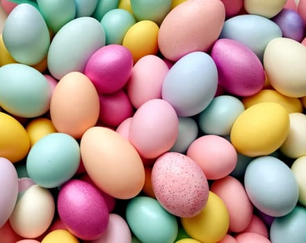 Pastel Easter Palette. A visually pleasing composition featuring a gradient of pastel-colored Easter decorations such as eggs accents arranged in an aesthetically pleasing manner, radiating a soft and dreamy atmosphere.