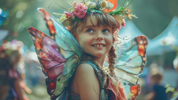 Girl in a fairy or butterfly costume at a children's party AI