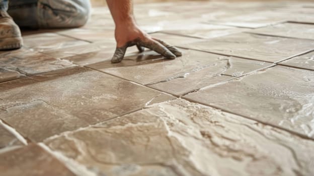 Laying floor ceramic tile. Renovating the floor. Construction workers laying tile over concrete floor using tile levelers AI