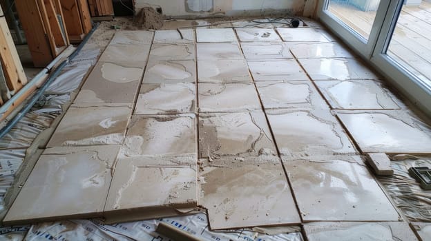 Laying floor ceramic tile. Renovating the floor. Construction workers laying tile over concrete floor using tile levelers AI