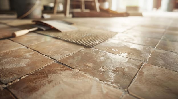 Laying floor ceramic tile. Renovating the floor. Construction workers laying tile over concrete floor using tile levelers AI