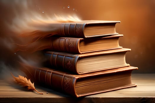 old leather bound books isolated on brown background
