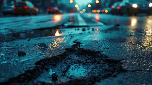 Street after rain. Potholes on damaged asphalt with puddles. AI