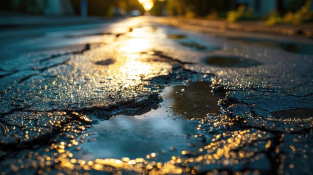 Street after rain. Potholes on damaged asphalt with puddles. AI
