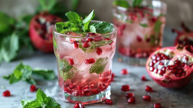 Festive drinks, pomegranate cocktail. Mint mocktail with pomegranate AI