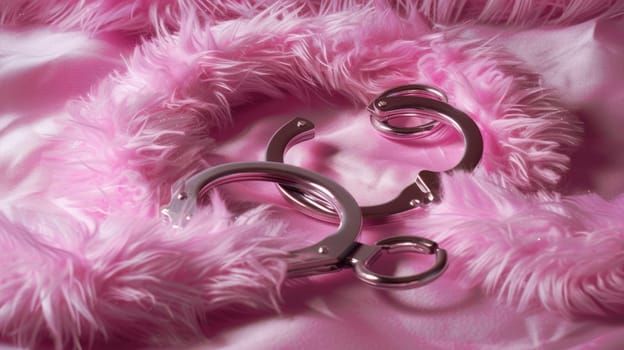 Pink sexy fluffy handcuffs. Accessory for love games AI