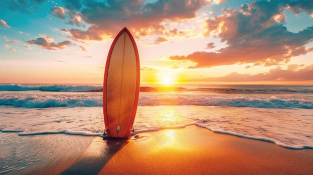 Surfboard and rising sun, coast beach at sunset. AI