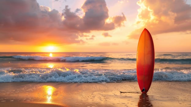 Surfboard and rising sun, coast beach at sunset. AI