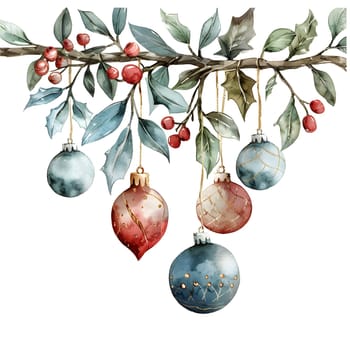 An illustration of Christmas decorations hanging from a tree branch, showcasing the beauty of nature and creative arts in watercolor painting
