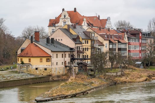 view from danube Buildings in the Old Town of Regensburg - Bavaria. UNESCO world heritage site in Germany