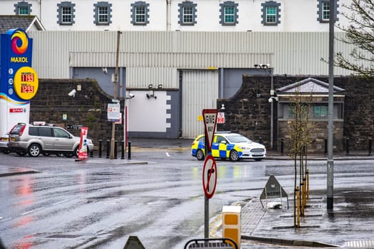 ENNISKILLEN, ULSTER, NORTHERN IRELAND - MARCH 03 2019 : The Kesh police station is protected by a huge fence a couple of days before the Brexit.