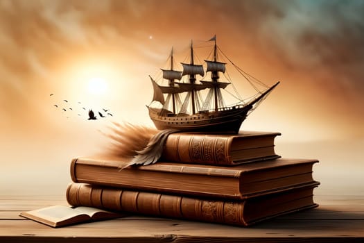 old leather bound books on an abstract nature background