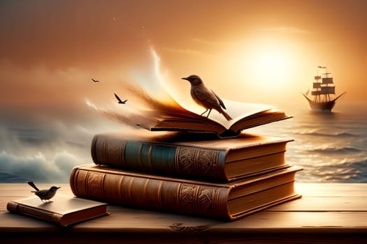 old leather bound books on an abstract nature background
