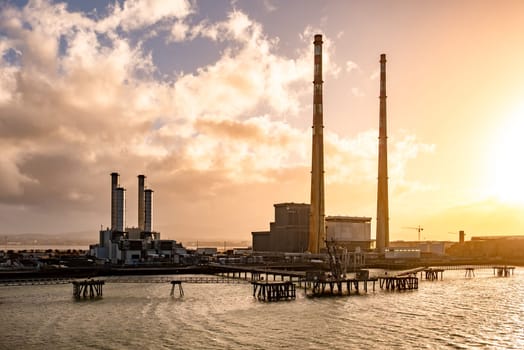 DUBLIN, IRELAND - MARCH 03 2019: Poolbeg power station in the harbour.