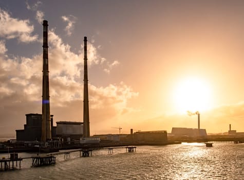 DUBLIN, IRELAND - MARCH 03 2019: Poolbeg power station in the harbour.