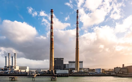 DUBLIN, IRELAND - MARCH 03 2019: Poolbeg power station in the harbour.