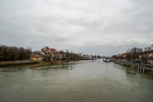 view from danube Buildings in the Old Town of Regensburg - Bavaria. UNESCO world heritage site in Germany