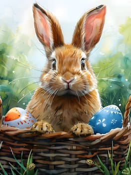 A Rabbit, either a Mountain Cottontail or Audubons Cottontail, is sitting in a basket with Easter eggs in a grassy field, a perfect scene for a painting or Easter event