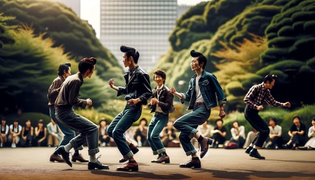 Joyful Rockabilly Greasers dancers with Spectators in Harajuku, Tokyo. High quality photo