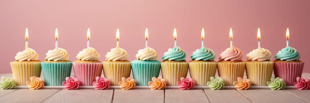 Colorful cupcakes with lit candles are displayed against a pink background, indicating an indoor celebration event marking of joy and celebrating. banner with free space.