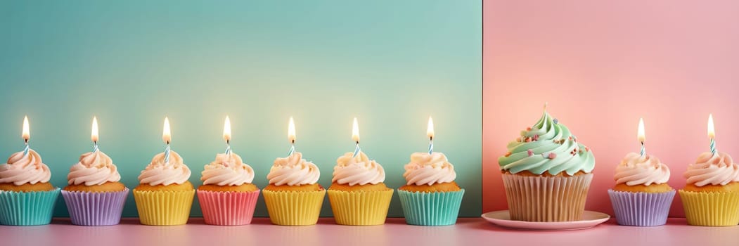 Colorful cupcakes with lit candles are displayed against a pink background, indicating an indoor celebration event marking of joy and celebrating. with free space.