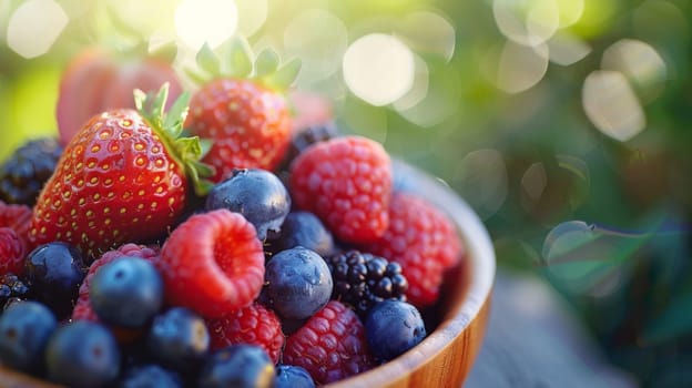 A bowl of berries in a wooden dish on top of a table