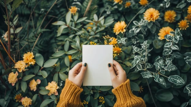 A person holding a blank piece of paper in front of flowers