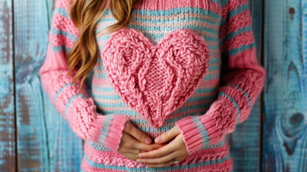 A woman wearing a sweater with heart shaped pattern on it