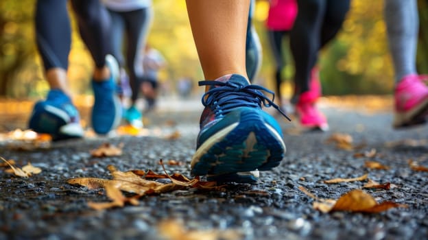 A group of people wearing running shoes walking on a road