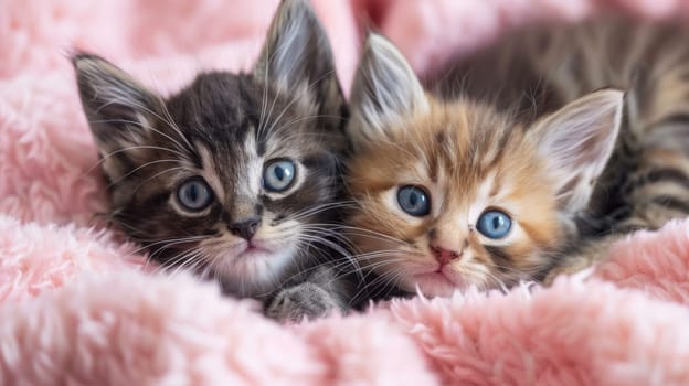 Two kittens laying on a pink blanket with blue eyes