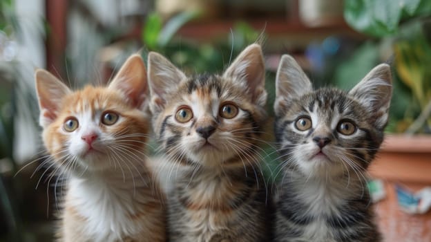 Three kittens are looking up at the camera with their eyes open