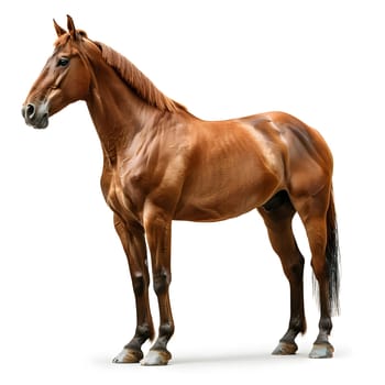 A livercolored horse with a sorrel mane is standing on a white background. It is a terrestrial animal commonly used as a working animal or livestock