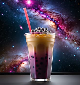 Bubble tea with black pearls and cream, foreground. Background displays a vibrant galaxy adorned with stars and nebulae