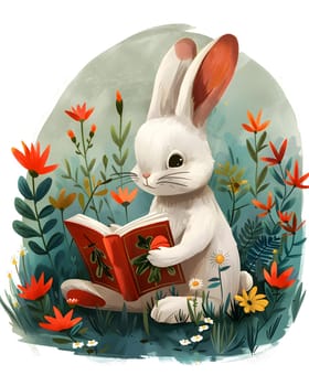 A white rabbit is engrossed in a book amidst a field of colorful flowers, surrounded by plants and grass. Its a serene scene of a wood rabbit enjoying an event of literature and nature
