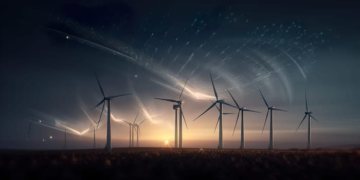 Power generators of windmills at shadow sunset - Wind turbine on field at sunset,silhouettes on dark blue night sky background