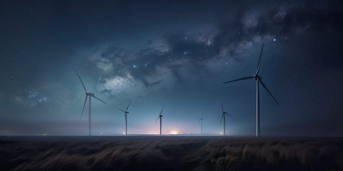 Power generators of windmills at shadow sunset - Wind turbine on field at sunset,silhouettes on dark blue night sky background