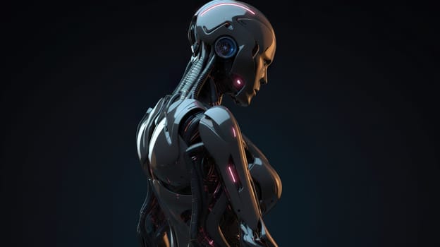 Close-up of a humanoid droid. Cyborg looks like a woman without clothes. Production of droid with artificial intelligence. Naked. Wires next to head of cyborg.