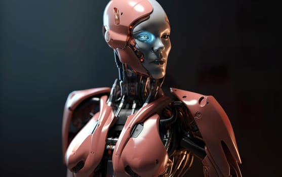 Close-up of a humanoid droid. Cyborg looks like a woman without clothes. Production of droid with artificial intelligence. Naked. Wires next to head of cyborg.