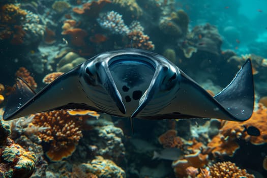 Manta ray swimming in the ocean in French Polynesia.