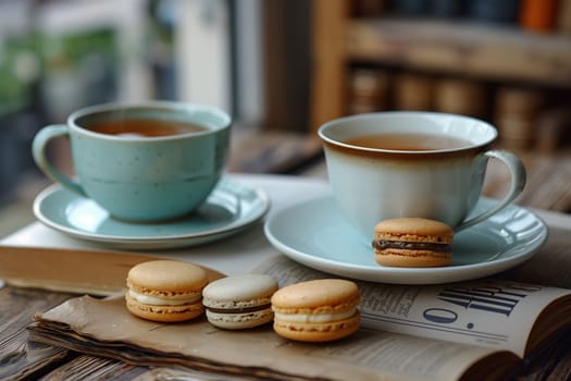 Black tea French macarons and books.