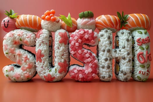 On an orange background there is an inscription - Sushi, made from sushi.