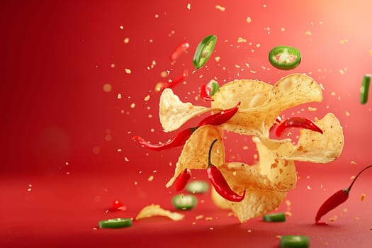 A bag of green chilli chips in an aerial advertisement on a red background. Close-up.