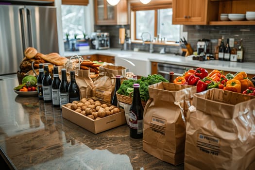 Food and drinks are arranged in paper bags and boxes on the kitchen island.