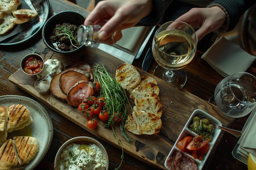 Hand reaching for appetizers on table. Close-up.