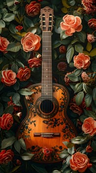 A guitar, a musical instrument from the plucked string instruments category, is adorned with roses and leaves, a string instrument accessory inspired by natures beauty
